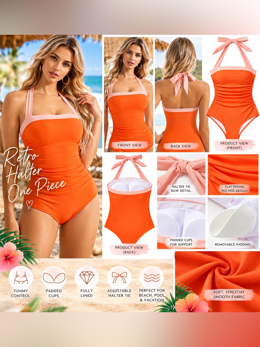 🍊 Retro Orange Halter One-Piece Swimsuit | Pink Trim 🍊